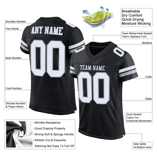 White-Silver Authentic Custom Black Mesh Jersey Football