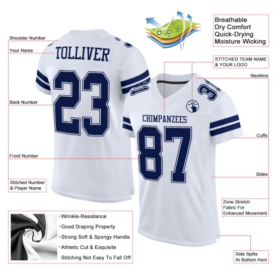 Navy-White Mesh Jersey Authentic Custom White Football