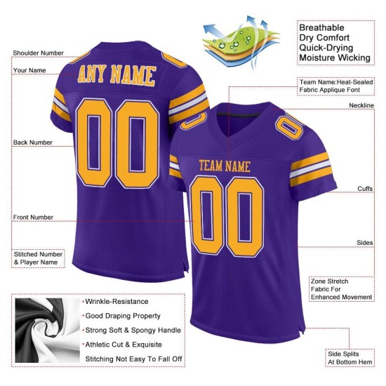 Authentic Football Custom Jersey Purple Mesh Gold-White